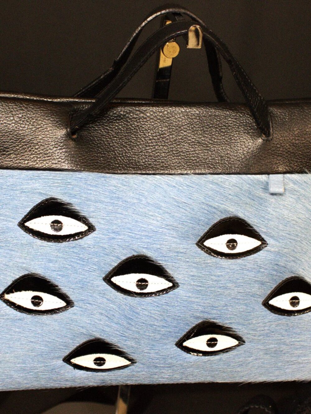 Min Mon, Vali in Lt. Blue and Black Leather and Fur Crossbody